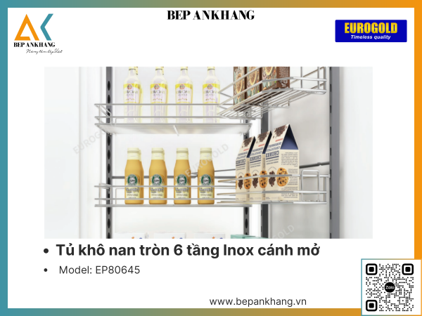 Tủ khô nan tròn 6 tầng Inox cánh mở Eurogold EP80645 - 450mm - inox mờ 304 